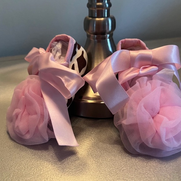 Baby All Occassion Shoes Zebra Print Tulle Ribbon Ballerina Bow Baby Girl Gift - Picture 1 of 4